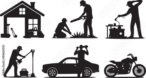 Silhouettes of Men Engaging in Various DIY and Home Activities