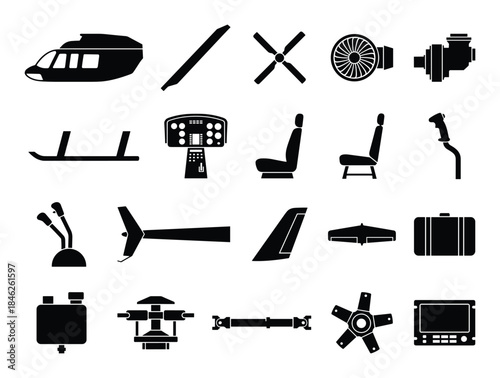 Helicopter Parts Icons Set, Silhouette Vector Illustration