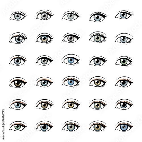 Collection of Diverse Eye Illustrations with Varied Styles and Colors.