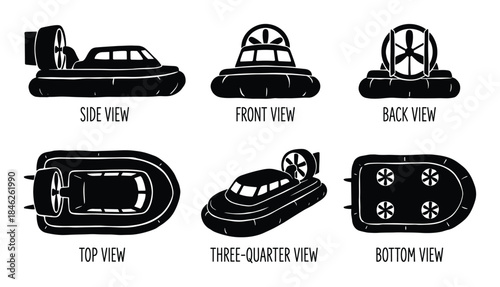 Hovercraft Vehicle Diagram Various Views Vector Silhouette