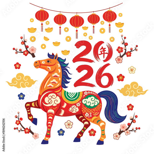 Festive 2026 Chinese New Year Celebration with a Decorated Horse and Traditional Elements