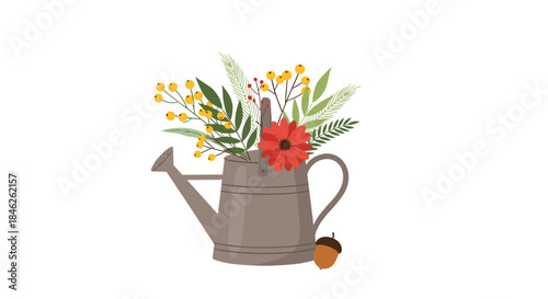 Charming rustic watering can filled with a beautiful bouquet of autumn flowers, berries, and leaves, with an acorn nearby.
