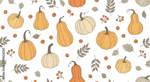 Seamless autumn pattern featuring hand-drawn pumpkins, squash, fall leaves, and berries on a clean white background for Thanksgiving.