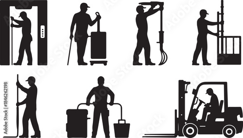Silhouettes of Workers Performing Various Industrial Tasks