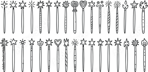 A comprehensive vector set of simple black outline magic wands and star wands, featuring various designs perfect for fantasy, fairy, wizard, party, and children's graphic projects.