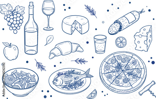 A detailed blue ink engraving vector set featuring Italian and European deli items, including salami, wine, cheese, pizza, and fish, perfect for high-end restaurant menus and culinary art.