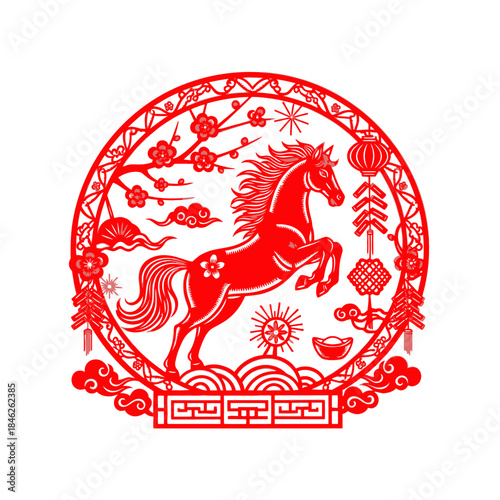 Traditional Chinese Red Paper Cutting Art Featuring a Dynamic Horse with Decorative Elements for