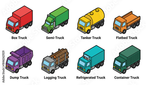 Isometric Truck Icons Collection, Box, Semi, Tanker, Flatbed, Dump, Logging, Refrigerated, Container Trucks