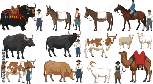 Large vector set of domestic animals and their traditional handlers, featuring Yak, Donkey, Horse, Cattle, Sheep, Camel, and Goat, illustrating historical livestock and herding cultures and trade.