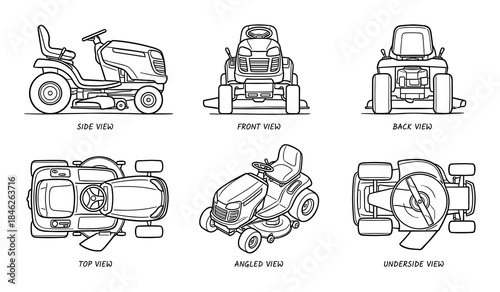 Lawn Mower Blueprint with Multiple Views Side, Front, Back, Top, Angled, Underside Black and White