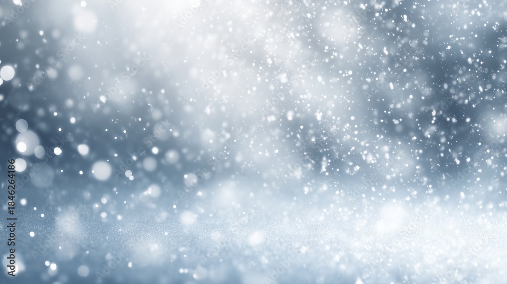 Fototapeta premium Soft snowy winter background with falling snow particles, cool white tones, minimal clean holiday aesthetic