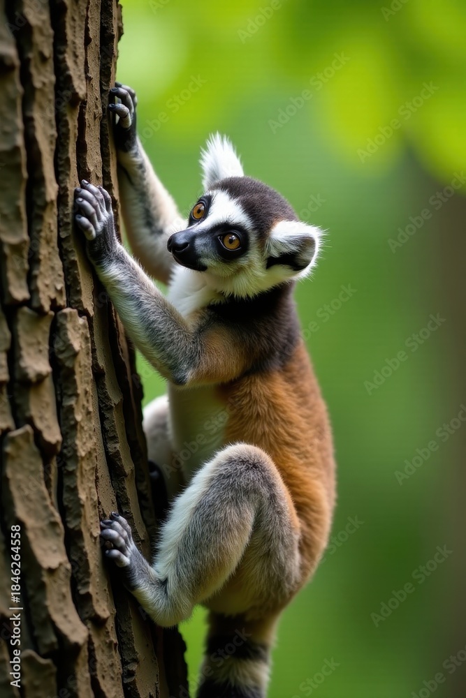 Naklejka premium Agile lemur scaling rough bark, gripping with paws, Madagascar, wildlife