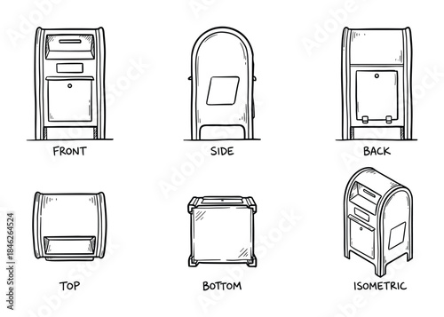 Mailbox Orthographic Projection Sketch With Front Side Back Top Bottom Isometric Views