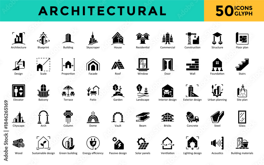 Naklejka premium Architectural icons set with Energy efficiency, Passive design, Solar panels, Ventilation, Lighting design, Acoustics, Building materials icon. Simple glyph vector
