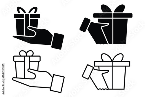 Set of gift boxes. Gift box on hand icon vector. Delivery icon. Hand with gift icon vector symbol. Silhouette of outline giftbox and hand design for app, logo, web and more. Vector illustration.