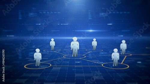 Figures appear one by one against a blue background with technological elements, used to introduce the group, creating a sense of technology and dynamism. 3D rendering.