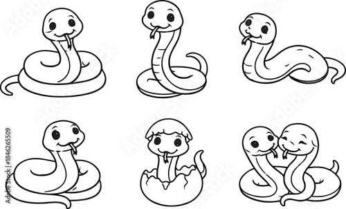 Cute cartoon snake illustrations set for a charming children's coloring book
