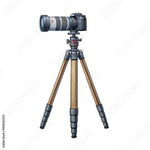Watercolor D S L R camera on wooden tripod isolated on a transparent background