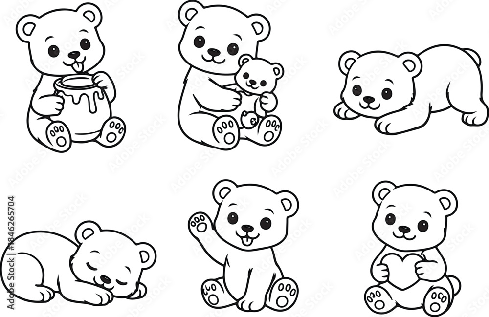 Obraz premium Cute cartoon teddy bears collection in various poses for a delightful coloring fun