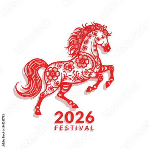 Elegant red horse with floral and decorative patterns celebrating the 2026 festival