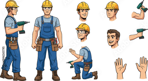 Industrial Maintenance Worker Holding Electric Drill. Male Technician Character Constructor for Animation with Helmet  Overall Uniform, Front, Side ,Back Views, Body Parts ,Poses. Vector Illustration