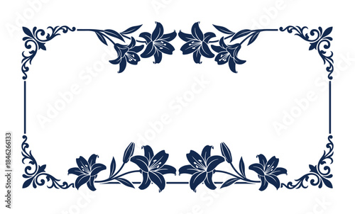 Navy Blue Floral Frame with Lilies Elegant Border Decoration Vector