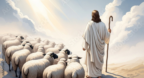 Biblical illustration of Jesus with his sheep, symbolizing faith, guidance, and divine care. Watercolor painting of Jesus Christ walking with sheep, ideal for religious and inspirational content