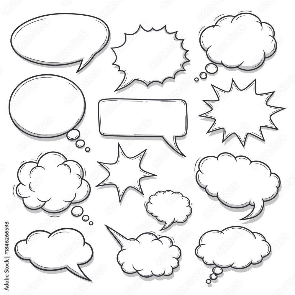 Fototapeta premium Collection of HandDrawn Speech Bubbles and Thought Clouds for Comic Strips.