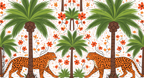 Symmetrical Tropical Artwork Featuring Leopards, Palm Trees, and Vibrant Floral Patterns in a Decorative Jungle Scene Full of Exotic Charm