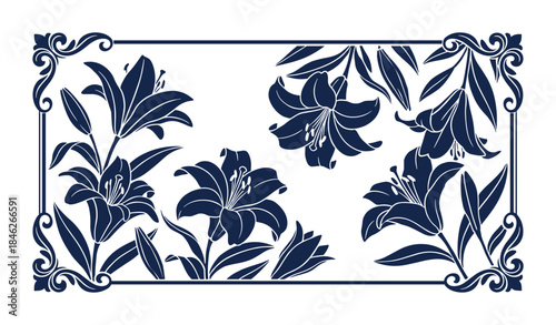 Navy Blue Lily Flower Frame Design, Elegant Floral Border Ornament, Botanical Vector Decoration