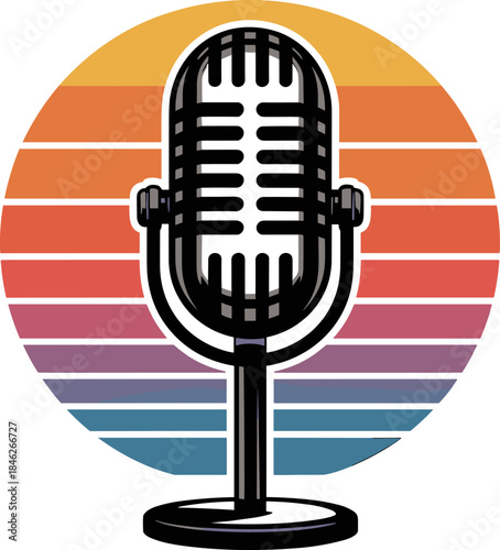Retro Striped Sunset Microphone Vector Illustration for Podcasting, Music, and Broadcast Design. Vintage 80s Style Radio Mic Icon and Graphic Element for Entertainment Media.
