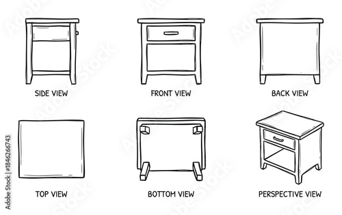 Nightstand Views Diagram Side Front Back Top Bottom Perspective Furniture