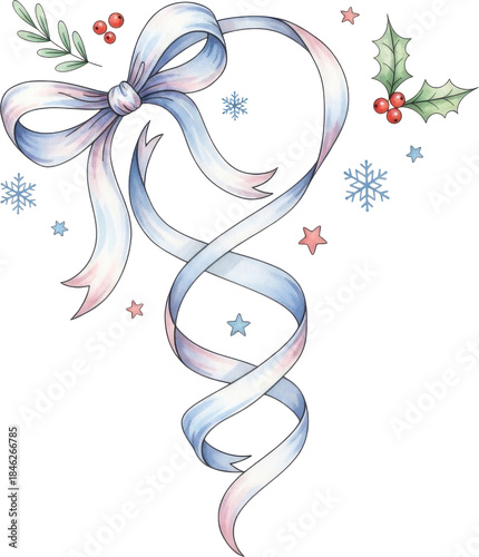 Beautiful christmas ribbon with holly and snowflakes decoration isolated on transparent background