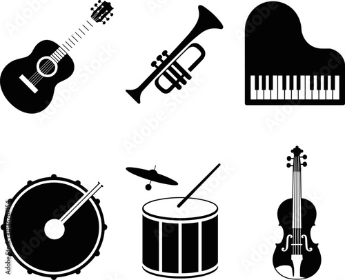 Classic Musical Instruments Vector Icons Set: Black Silhouettes of Guitar, Piano, Trumpet, Drum, and Violin, Perfect for Music School Logos, Entertainment Design, and Orchestra Graphics