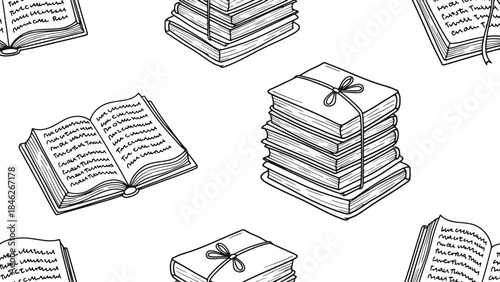 Seamless Pattern of Hand-Drawn Books and Stacks of Books, Black and White Illustration