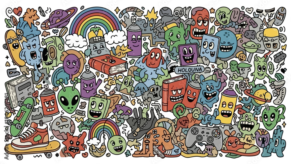 Fototapeta premium Vibrant Graffiti Doodle Art with Monsters, Skateboards, and Rainbows - Vector Illustration