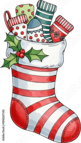 Christmas stocking filled with gifts and holly isolated on transparent background