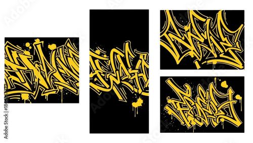 Yellow Graffiti Art on Black Background, Abstract Urban Style Illustration Set