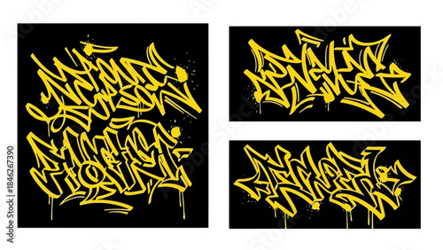 Vibrant Yellow Graffiti Art Set on Black Background, Urban Culture Illustration Collection