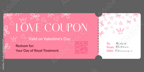 Pink vector coupon ticket with the phrase “your day of royal treatment”, decorated with minimal line icons of crown, heart and bow.