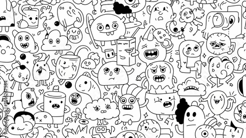Whimsical Doodle Monsters and Cute Characters Seamless Pattern, Hand Drawn Vector Art