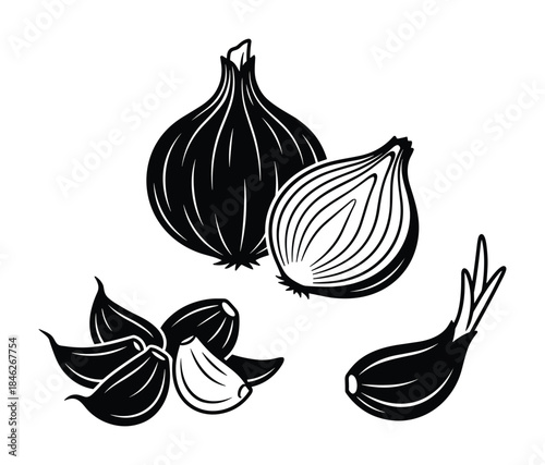 Onions and Garlic Clipart Black and White Illustration