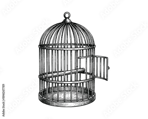 Open Birdcage Illustration with Intricate Line Art, Black and White, Isolated vector