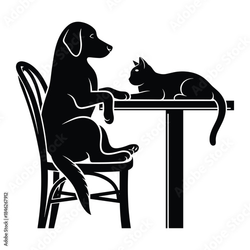 Black silhouette illustration of anthropomorphic dog and cat sitting at a table