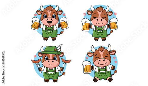 Set of four adorable cartoon cow characters dressed in traditional green lederhosen, holding beer mugs and sausages, perfect for celebrating Oktoberfest, Munich, and German festival themes.