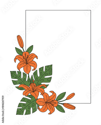 Orange Lilies and Monstera Leaves Corner Decoration in Frame Illustration