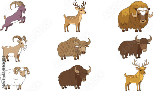 Large vector collection of detailed wild and domestic mammals including different breeds of Ram, Sheep, Goat, Deer, Stag, and a shaggy brown Yak for farm and nature projects.