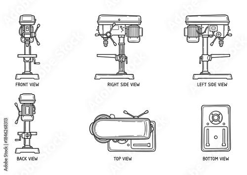 Orthographic Projection of Drill Press Machine Tool Views, Front, Side, Top and Bottom View Drawing