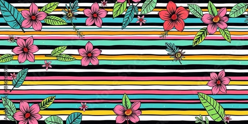 Horizontal stripes of hand-drawn ink doodle tropical flowers and leaves Seamless pattern,  background,  hand-drawn