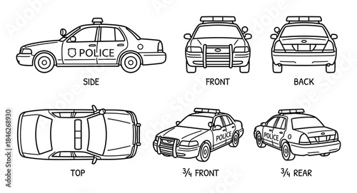 Police Car Outlines: Side, Front, Back, Top, 3/4 Front and Rear Views in Black and White